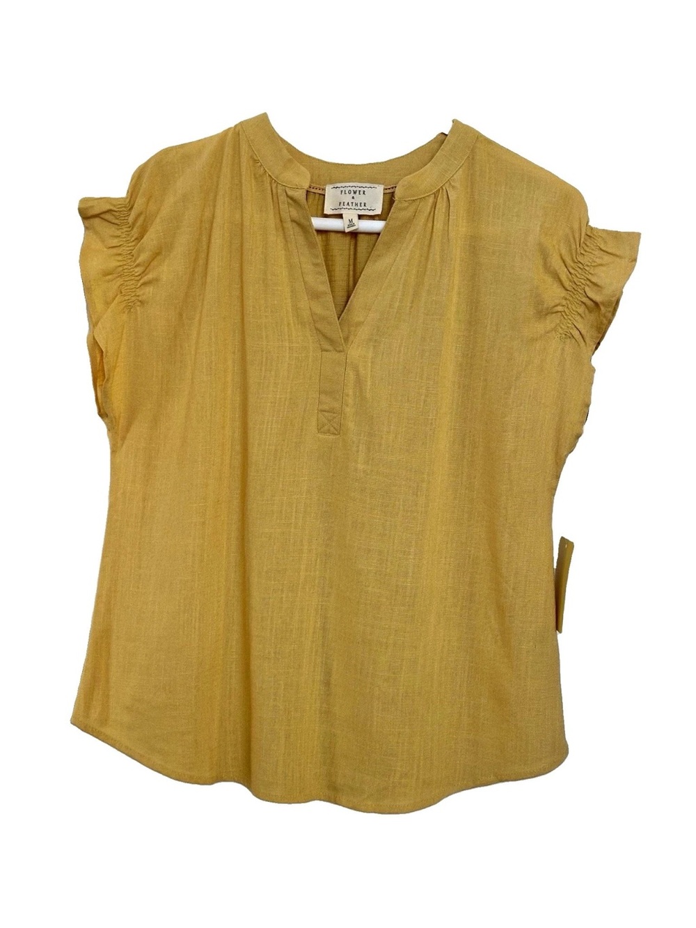 Flower & Feather Mustard Yellow Linen Blend Blouse M Smocked Top Boho Peasant